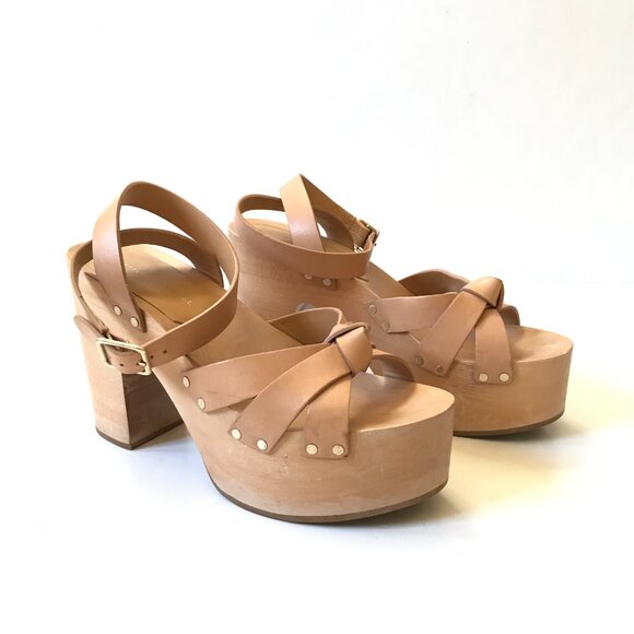 Loeffler Randall Abbie Knot Clog Sandals Womens 9 Tan Leather Platform Studded - Picture 4 of 14